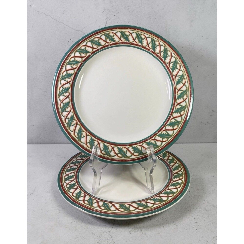 Pier 1 Christmas Dinner Plates Set of 2 10.5” Red Green Ribbon Holiday Retired